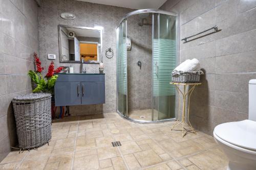 a bathroom with a shower and a sink and a toilet at The Antiquity Heart Mansion in Safed