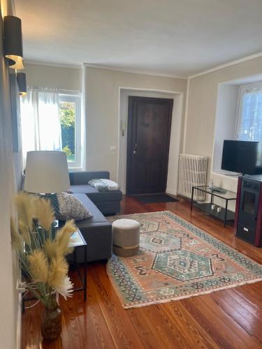a living room with a blue couch and a rug at Casa Al Bottalino in Biella