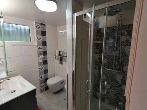 y baño con ducha, aseo y lavamanos. en Chambres d'Hôtes de l'Avison, en Bruyères