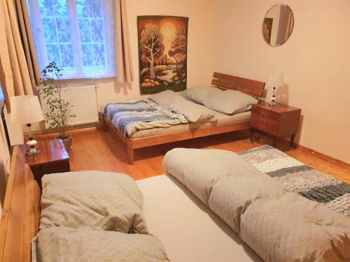 a living room with two beds and a window at Willa Burzynin in Karpacz
