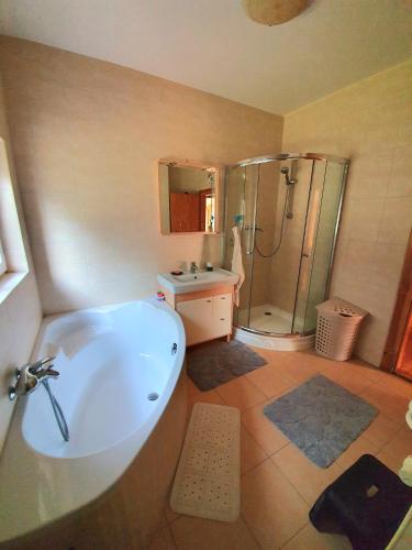 a bathroom with a tub and a shower and a sink at Willa Burzynin in Karpacz