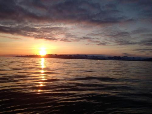 a sunset over a body of water with the sun setting at Beautiful view - close to the sea, mountains and nature in Kvaløya