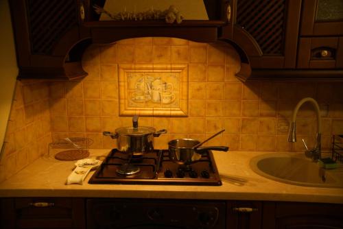 a kitchen stove with two pots on top of it at Dom na Podlasiu in Dziadkowice