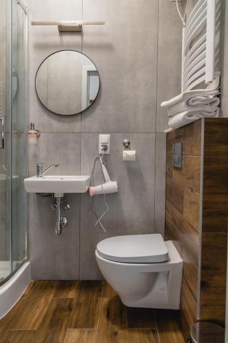 a bathroom with a toilet and a sink and a mirror at The Old Townhouse in Krosno