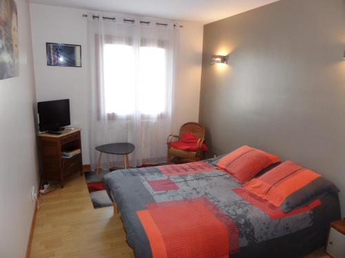 1 dormitorio con 1 cama, TV y ventana en HAVRE DE PAIX à SALAISE SUR SANNE (38), en Salaise-sur-Sanne