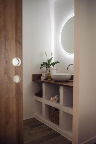 ein Bad mit einem Waschbecken und einem Spiegel in der Unterkunft T1 Villa Romantique Reve d'ailleurs St Leu in Saint-Leu