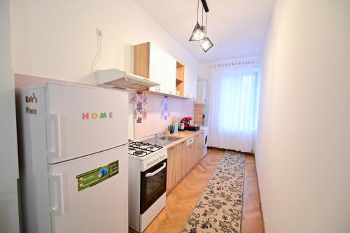eine Küche mit einem weißen Kühlschrank und einem Herd in der Unterkunft FLH - Kaly's Place in Sibiu