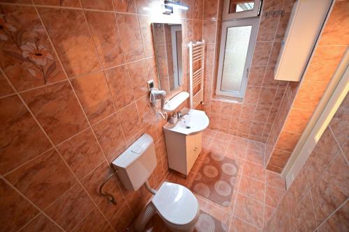 ein Badezimmer mit Toilette und Waschbecken in der Unterkunft FLH - Kaly's Place in Sibiu