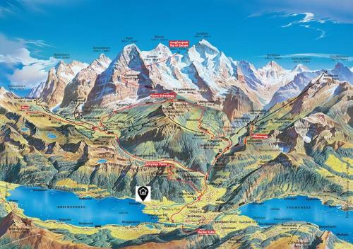 a map of a mountain range with a lake at Chalet Mignon - your vacation oasis at Lake Brienz in Bönigen