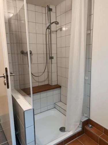 a shower with a glass door in a bathroom at Gemütliche Wohnung in Bleckede an der Elbe in Bleckede