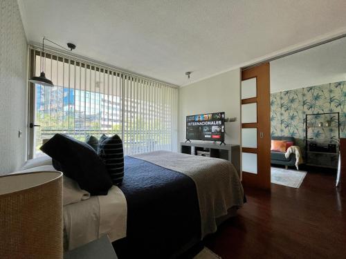 1 dormitorio con 1 cama y TV en Apartamentos City Centro Los Leones, en Santiago