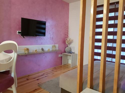 - un salon avec une télévision sur un mur rose dans l'établissement Apartmani Lotos, à Kaluđerske Bare
