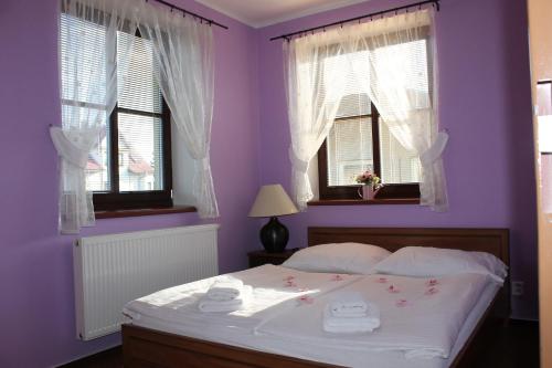 una camera da letto con pareti viola e un letto con due finestre di Penzion Fialka a Velké Losiny