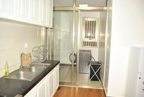 uma cozinha com um lavatório e uma cabina de duche em vidro em Complete specious and central apartment in n Nairobi - Kilimani em Nairobi