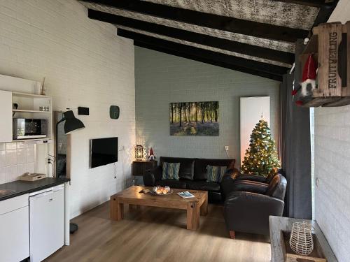 een woonkamer met een kerstboom en een bank bij Gehele Bungalow Simpelveld op een park in Simpelveld