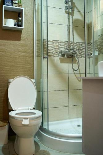 a bathroom with a toilet and a glass shower at Appartement cosy or bonapriso in Douala