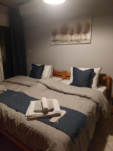 duas camas com toalhas e um chapéu em Ρετρό Κλινάρι em Xanthi