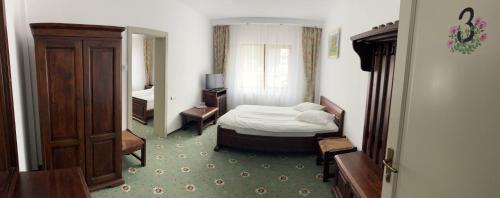 um pequeno quarto com uma cama e um espelho em Pensiunea Pasul Clabucetului em Predeal