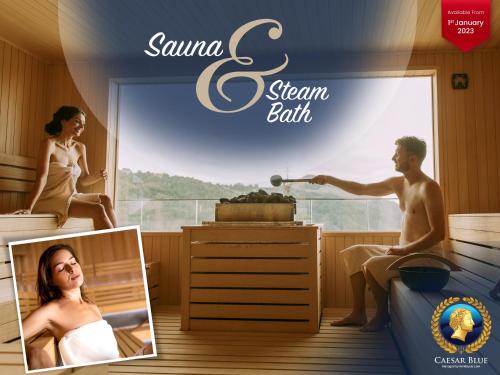 a poster for a sauna and steam bath at Caesar Blue Aqua Club, Lunch till 4pm, Gym, Heated swimming pool, Sauna & Hammam, Kids' club available in Perivolia tou Trikomou