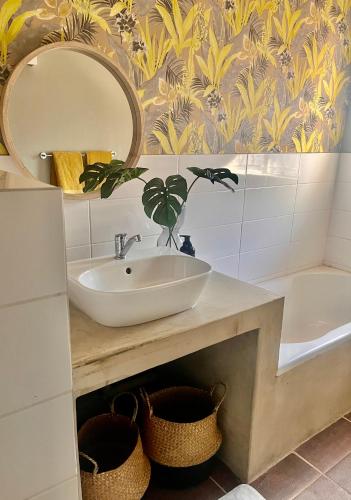 a bathroom with a sink and a mirror and a tub at Lielies Guesthouse in Parys