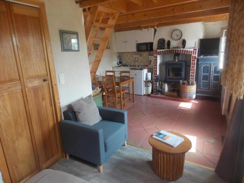 sala de estar con silla azul y cocina en Gîte Ty Bihan Baradoz, en Scrignac