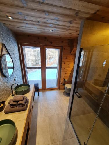 a bathroom with a sink and a shower in a room at Blackberry Apartment in Livigno