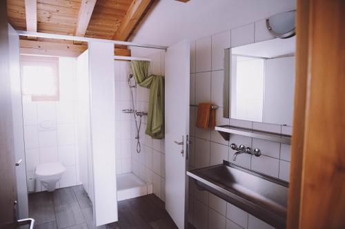 ein Bad mit einem Waschbecken und einem WC in der Unterkunft Berghaus Sulzfluh in St. Antönien