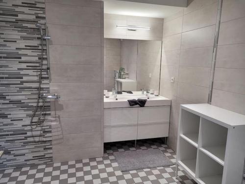 een badkamer met een wastafel en een douche met een spiegel bij gîte de l'atelier 15 personnes in Grazac