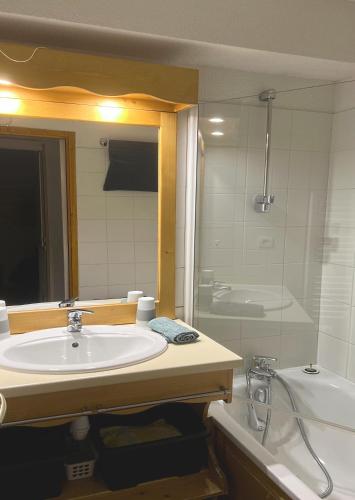 une salle de bain avec un lavabo, une douche et une baignoire dans l'établissement Le Skisun - Massif et Parc national des Ecrins - Puy Saint Vincent 1800, à Puy-Saint-Vincent