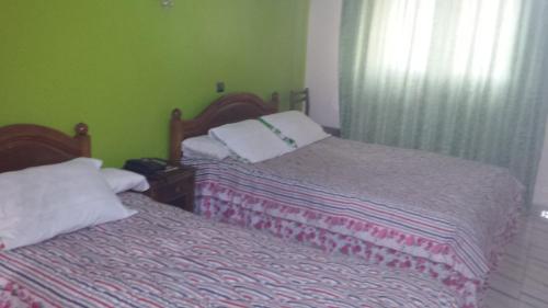 two beds in a room with green walls at Hotel Aswan in Oujda