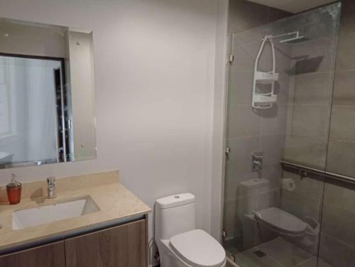 La salle de bains est pourvue de toilettes, d'un lavabo et d'une douche. dans l'établissement Vurá 201, à San José