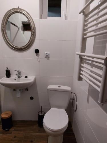 een witte badkamer met een toilet en een wastafel bij Agroturystyka LipoweWzgórze- Jaś&Małgosia in Tereszpol