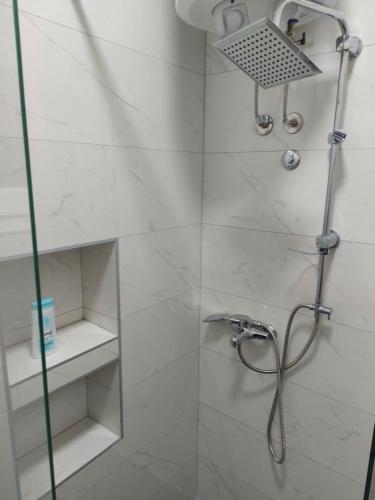 La salle de bains est pourvue d'une douche avec une porte en verre. dans l'établissement Apartman mikikiki, à Belgrade