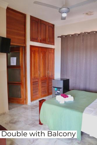 a bedroom with a bed with wooden cabinets and a television at Apartamentos En Edificio Amapola Zona Colonial Malecón in Santo Domingo