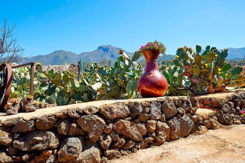 a vase sitting on top of a stone wall at Casitas Manuel in El Paso