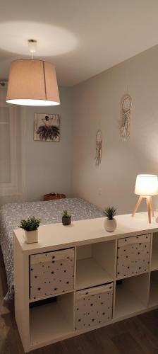 - une chambre avec un lit et un bureau orné de plantes dans l'établissement Charmant Appartement au Cœur de Fougères, à Fougères