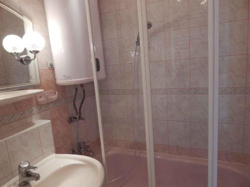 y baño con ducha, lavabo y bañera. en Apartment in Zalakaros 35693, en Zalakaros