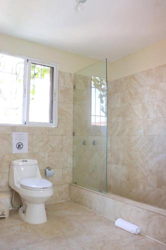 a bathroom with a toilet and a glass shower at Apartamentos En Edificio Amapola Zona Colonial Malecón in Santo Domingo