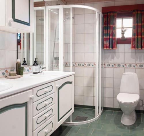 La salle de bains est pourvue de toilettes, d'un lavabo et d'une douche. dans l'établissement Vestlia Ski, à Geilo