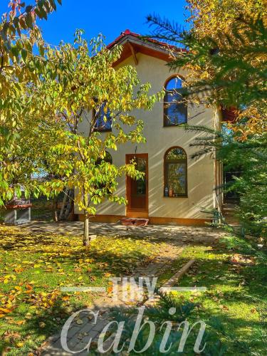 a house with a tree in front of it at TINY CABIN in Braşov