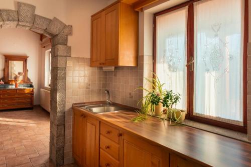 eine Küche mit einem Waschbecken und einem Fenster in der Unterkunft Tourist Farm Škerlj in Dutovlje