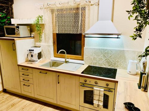 a kitchen with a sink and a stove at Romantické chalúpky Raj-Borievka, Čučoriedka a Drienka in Hrabušice