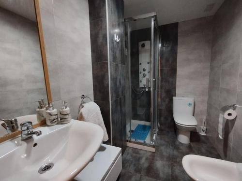 a bathroom with a sink and a shower and a toilet at Precioso piso con ducha hidromasaje VUT-LE-726 in Astorga