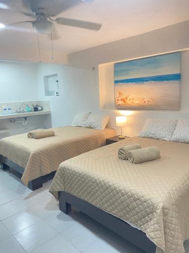 1 dormitorio con 2 camas y un cuadro en la pared en Departamento gaviota en Cozumel