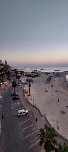 a view of a beach with palm trees and a street at מגדל C1 in Netanya