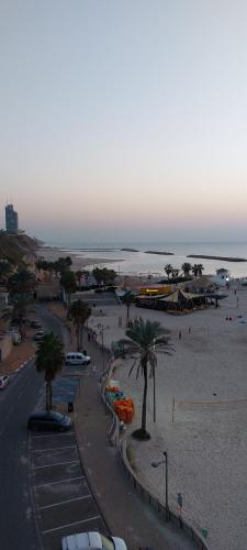 a beach with palm trees and a beach with the ocean at מגדל C1 in Netanya