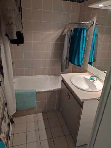 une salle de bain avec un lavabo, une baignoire et des toilettes dans l'établissement T3 cosy au Jardin du Ramel, à Luchon
