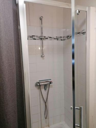 une salle de bain avec une douche avec une porte vitrée dans l'établissement Appartement cosy au Tréport 2 à 4 personnes, au Tréport