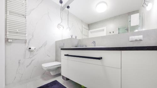 a white bathroom with a toilet and a sink at Rybacka Kołobrzeg in Kołobrzeg