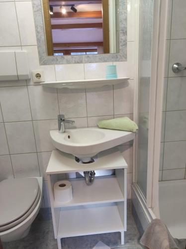 a bathroom with a sink and a toilet and a mirror at Hotel Post - Garni in Bichlbach